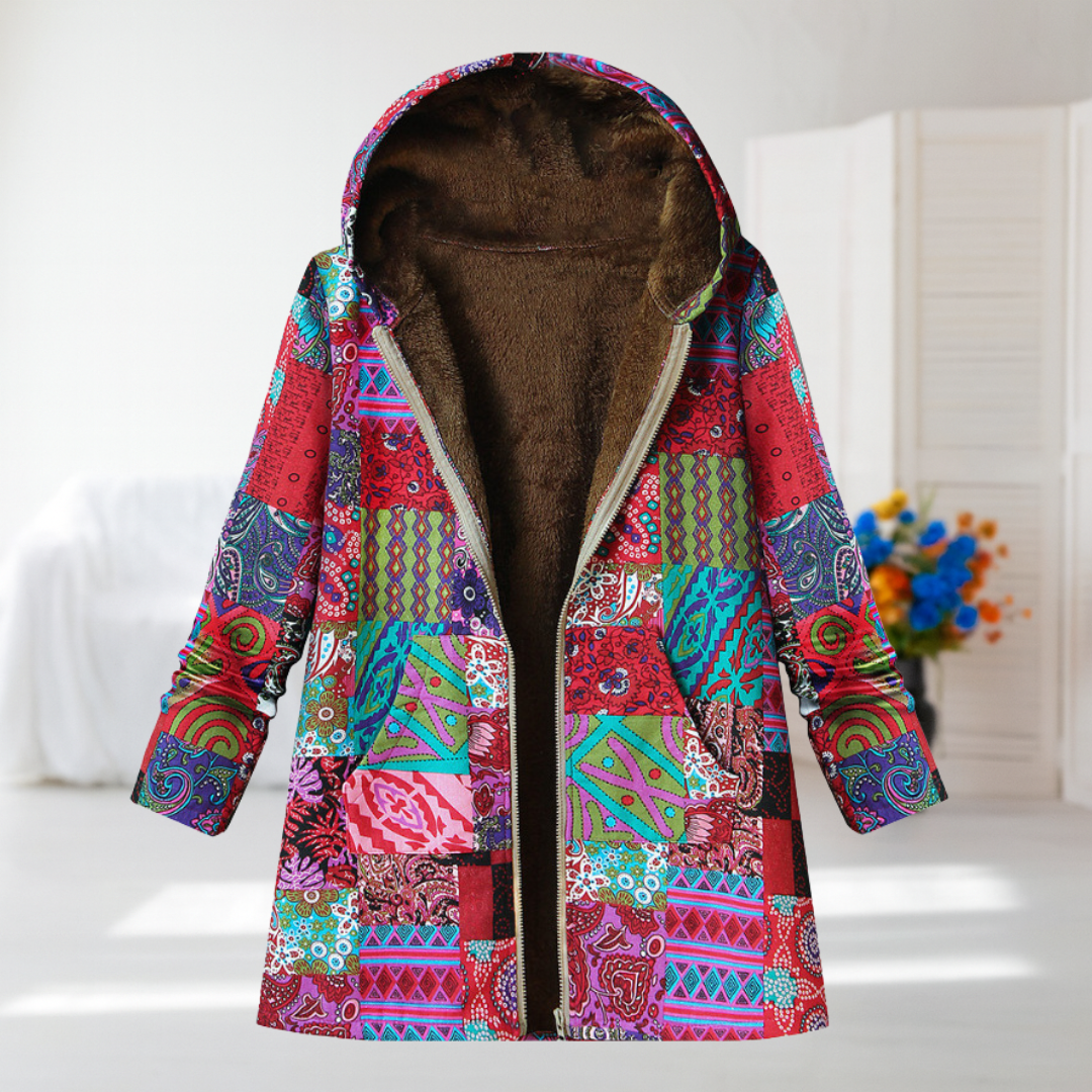 Eugénie | Patchwork frakke i røde nuancer