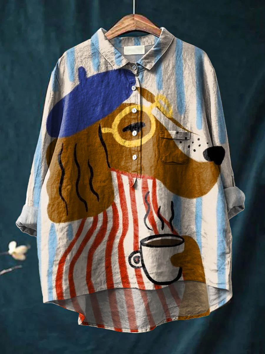 Charlie | Kunstnerisk Hund & Kaffe Print Skjorte